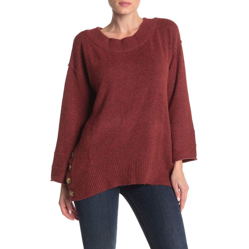Democracy Tunic Sweater Women L Brown Side Button Boatneck
